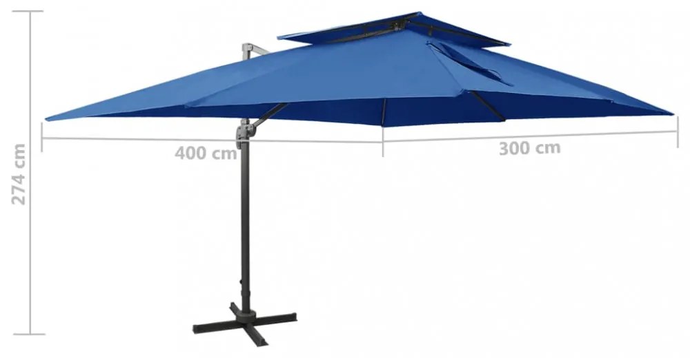 azúrkék dupla tetejű konzolos napernyő 400 x 300 cm