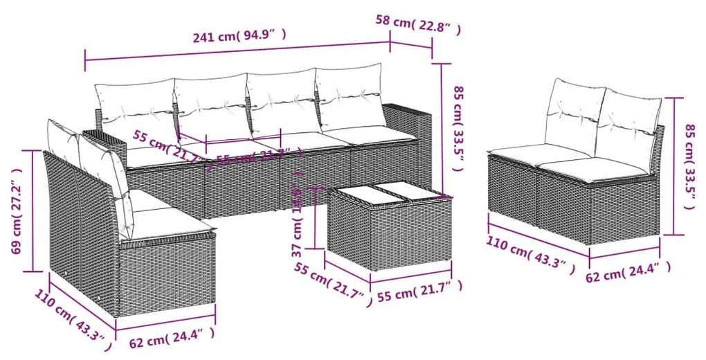 9 részes bézs polyrattan kerti ülőgarnitúra párnákkal