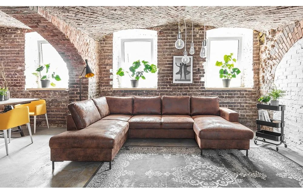 Lofty Lilly Vintage barna kinyitható U alakú bőrutánzat kanapé, bal oldali - Miuform