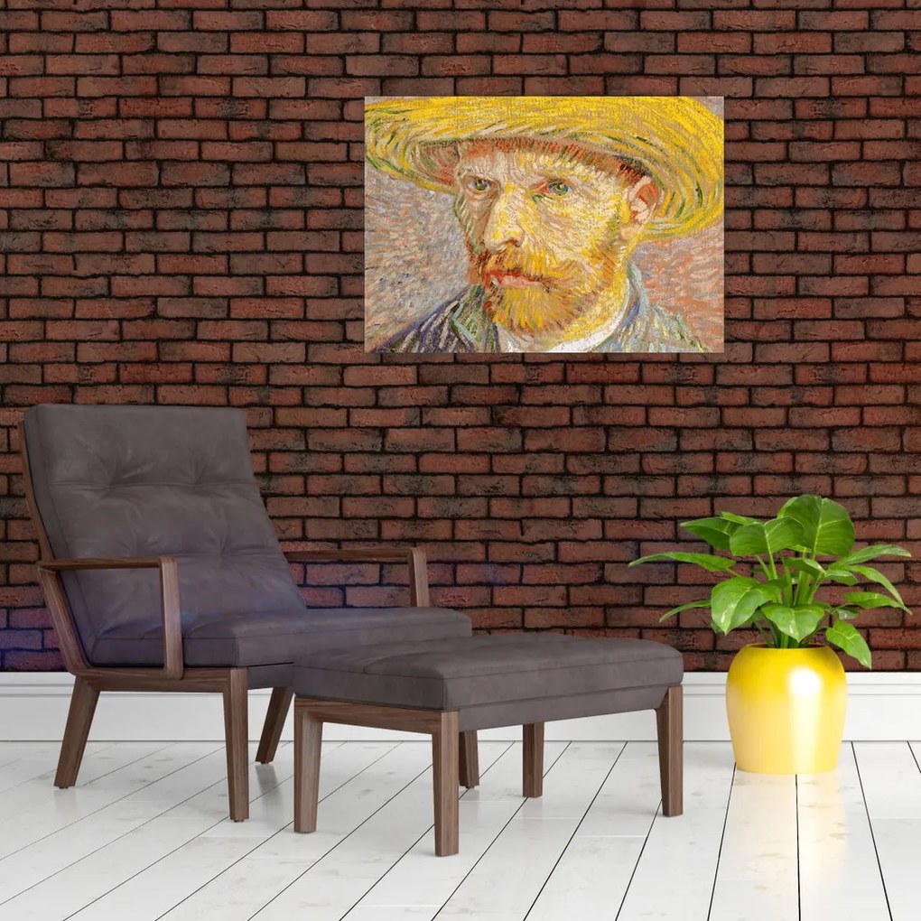 Üveg kép - Vincent van Gogh, Self-Portrait with a Straw Hat (The Potato Peeler), reprodukciók (70x50 cm)