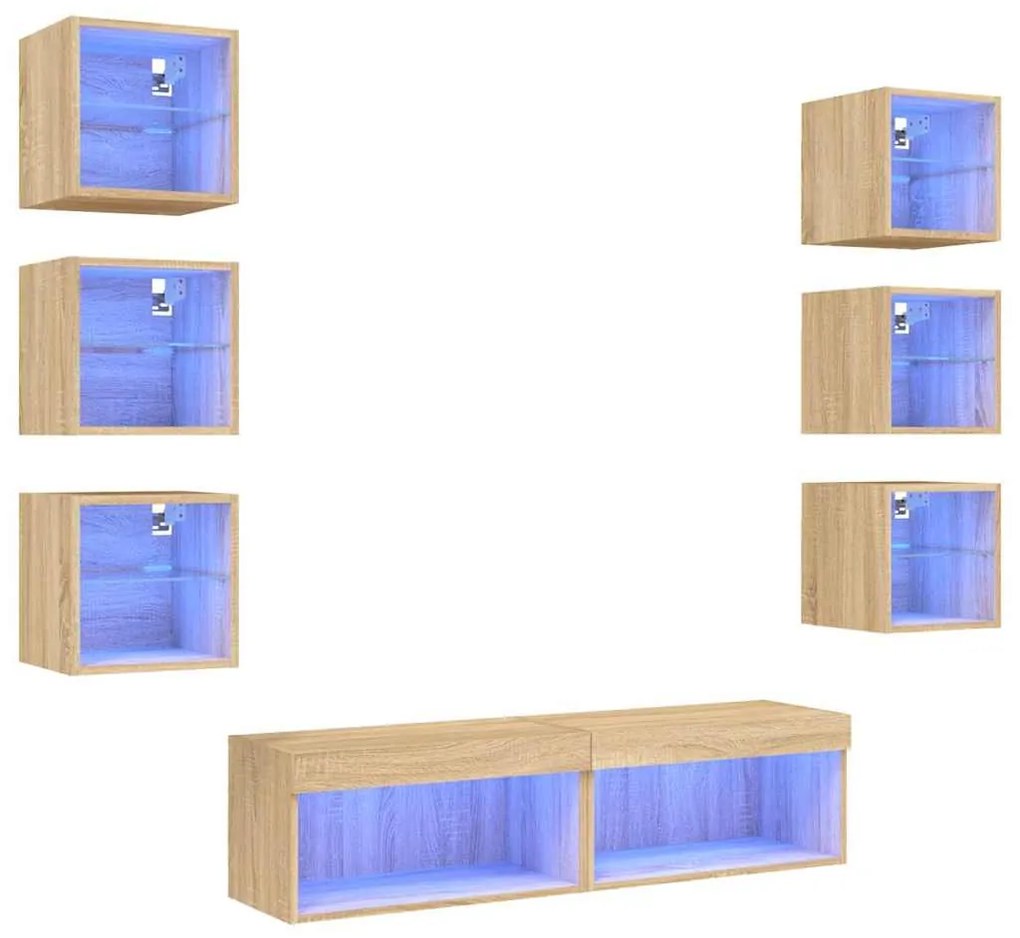 8 darab füstös tölgy színű szerelt fa TV-bútor LED-del