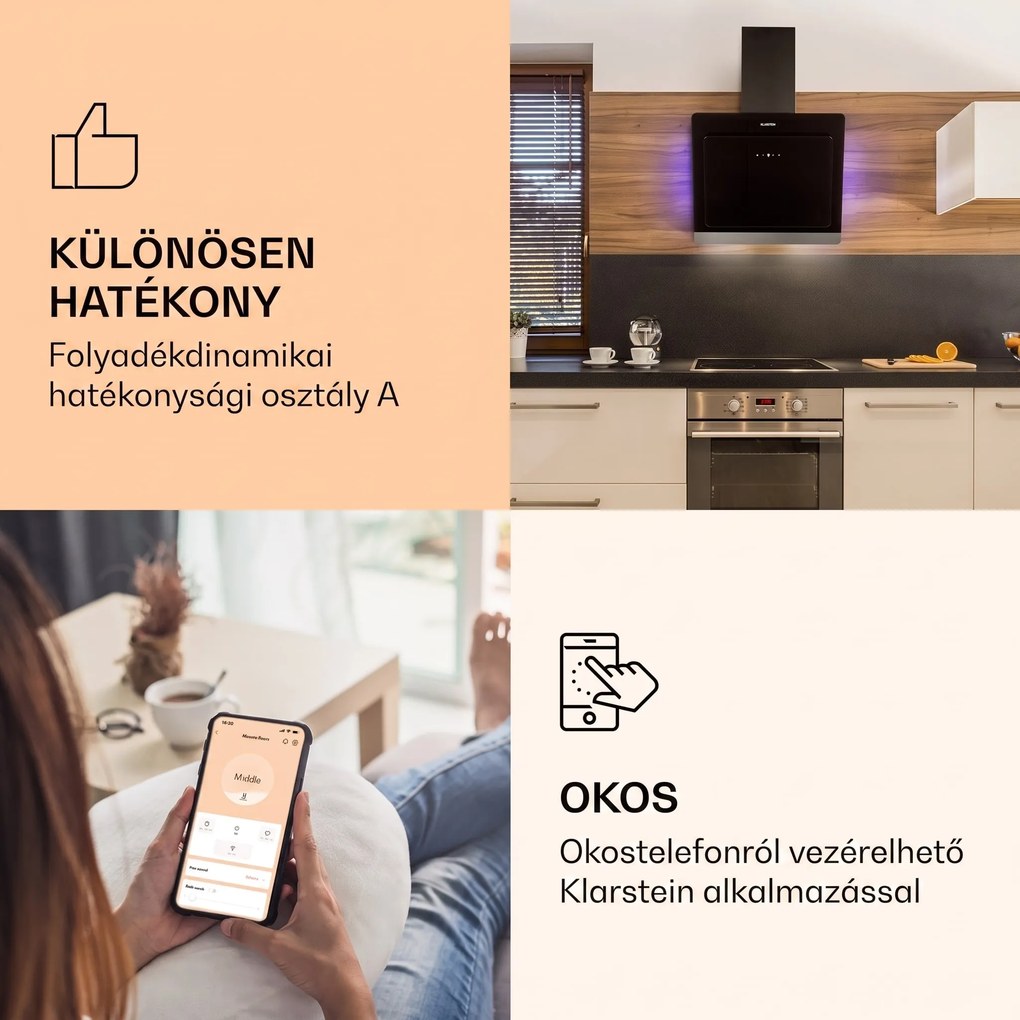 Klarstein Aurora 60 Smart, páraelszívó, 60 cm, 550 m³/ó, kéményes páraelszívó, háttérvilágítás, A++