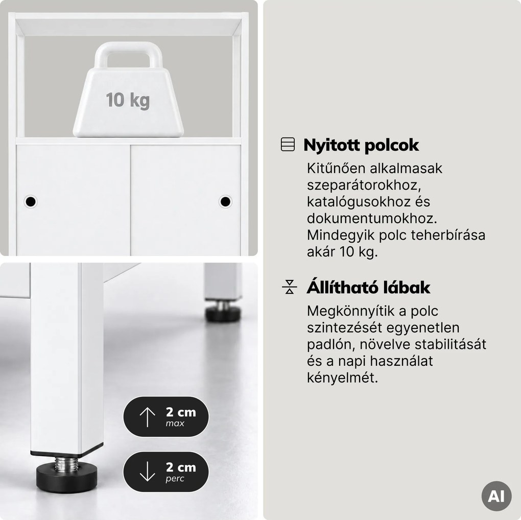 Iratrendező polc zárható szekrénnyel, irodai, nyitott polcok, fém fehér, 800x2200x400 mm: ARIEL
