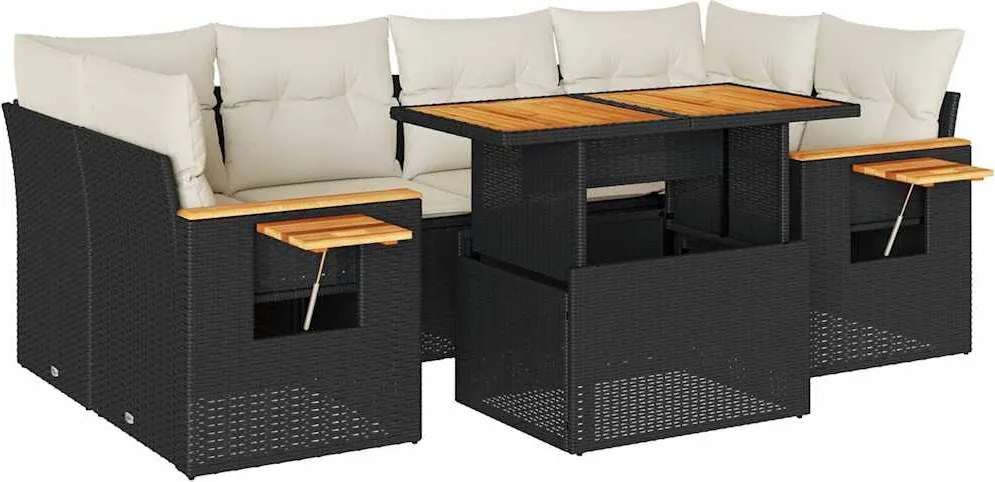 vidaXL 7 részes fekete polyrattan akácfa kerti ülőgarnitúra párnával