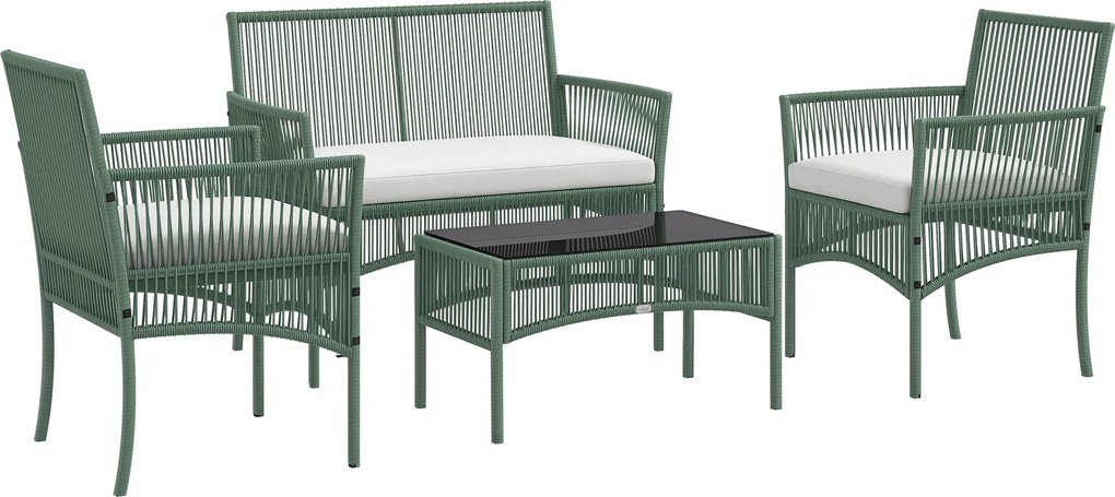Outsunny 4 darabos Rattan Kertikészlet, Kültéri Készlet 2 Kültéri Karosszékkel, Kerti Sofával és Kerti Kávézóasztallal, Zöld és Fekete | Aosom