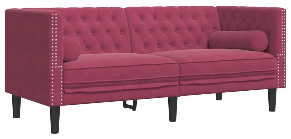 3 részes bordó bársony Chesterfield kanapészett hengerpárnákkal