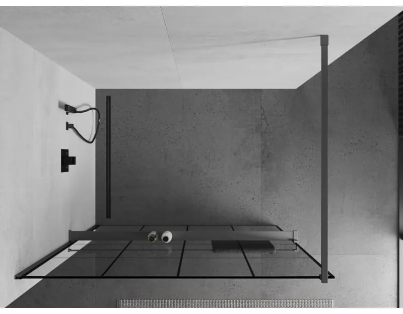 Mexen Kioto+, Walk-In zuhanyparaván polccal és akasztóval 130 x 200 cm, 8 mm átlátszó üveg fekete mintás, grafit profil, 800-130-121-95-77