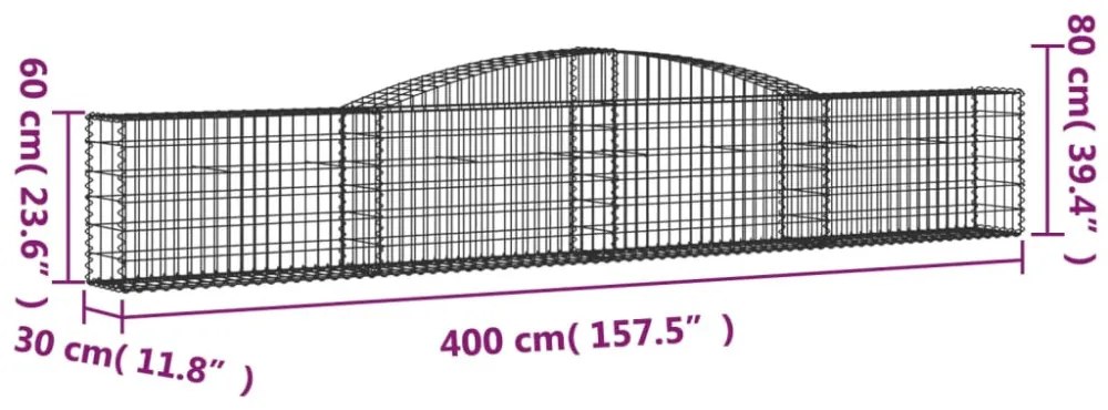 8 db íves horganyzott vas gabion kosár 400x30x60/80 cm