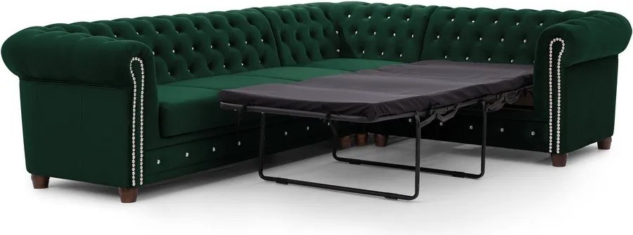 Zöld bársony kinyitható sarokkanapé (jobb oldali-L alakú) York Blik – Ropez