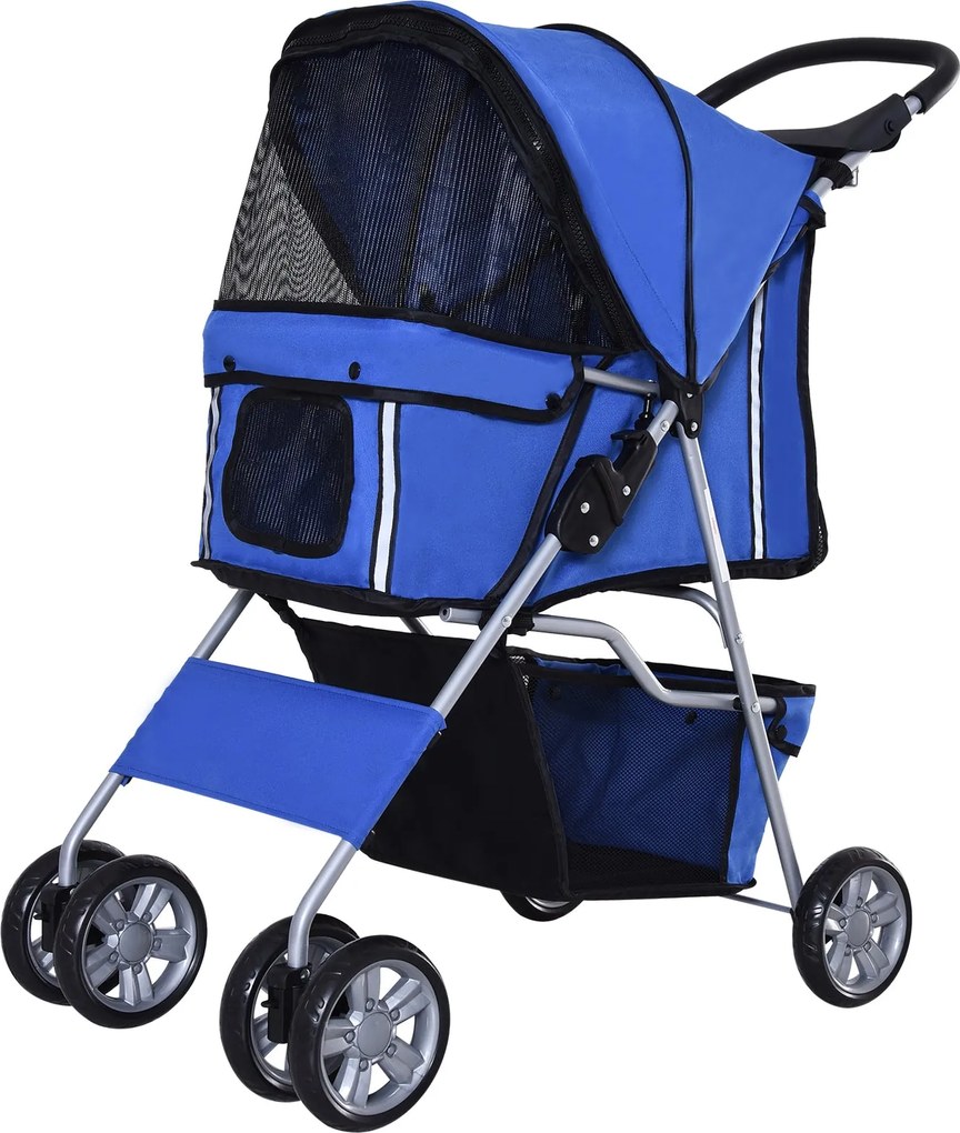 PawHut Kutyakocsi, Összecsukható Kutyakocsi Kis Kutyák és Miniatűr Kutyák Számára, Macska Kocsi Tárolókosárral, Pohártartóval, Hálós Ablakokkal, Pet C