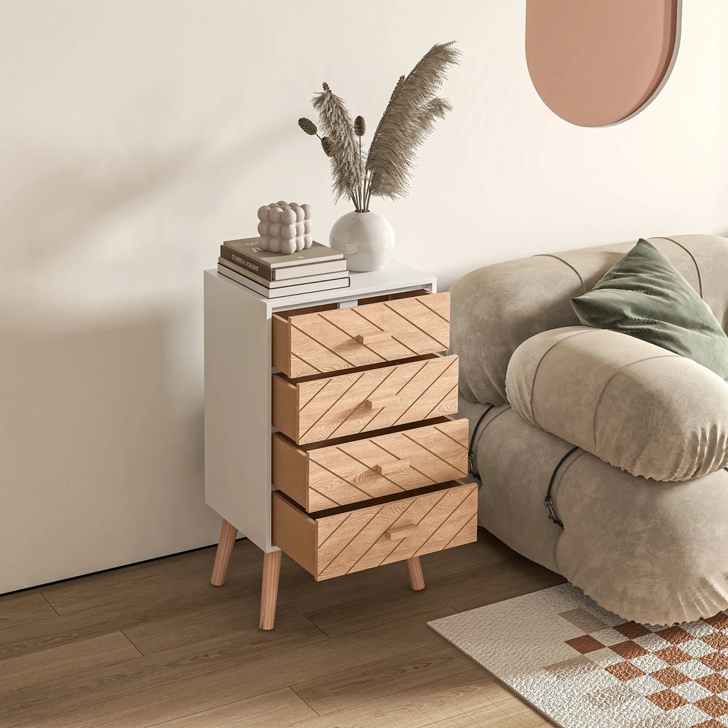 HOMCOM 4 Fiókos Komód - Fürdőszobai Komód Éjjeliszekrény Emelt Lábakkal, 40x30x75 cm, Fehér és Natúr | Aosom