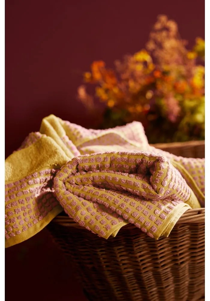 Sárga-rózsaszín frottír bio pamut fürdőlepedő 70x140 cm Check – JUNA