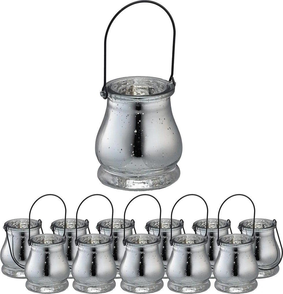 Relaxdays Lampion Gyertyatartó Szett 12DB-OS Ezüst Üveg Felakasztható