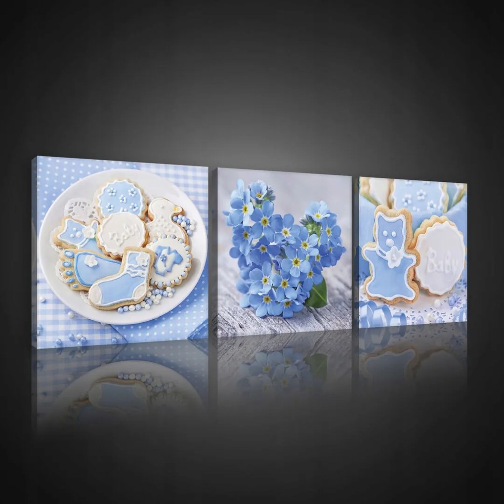 Vászonkép 75x25 Gyerek party babaváró keksz cukormáz kék virágok