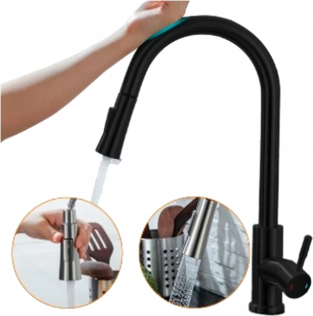 Konyhai csaptelep kihúzható kifolyócsővel Érintőképernyős Fekete 360 Modern Készlet