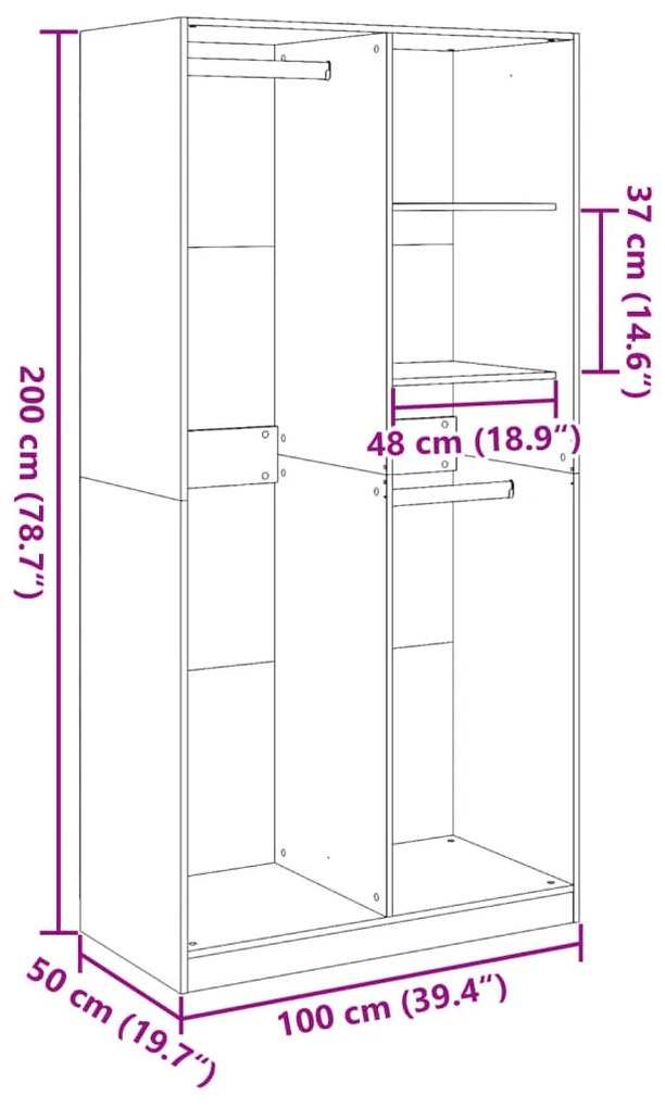 kézműves tölgy színű szerelt fa ruhásszekrény 100 x 50 x 200 cm