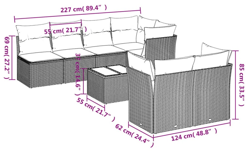 8 részes fekete polyrattan kerti ülőgarnitúra párnákkal