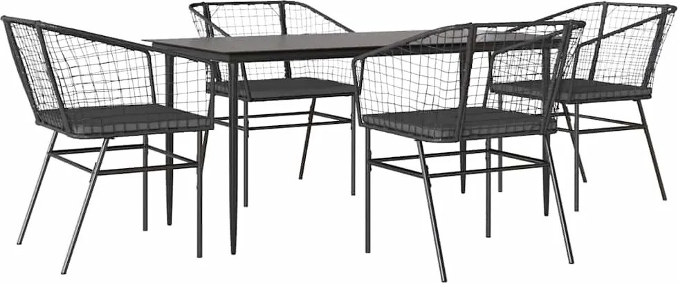 vidaXL 5 részes fekete polyrattan üveg kerti étkezőgarnitúra párnákkal