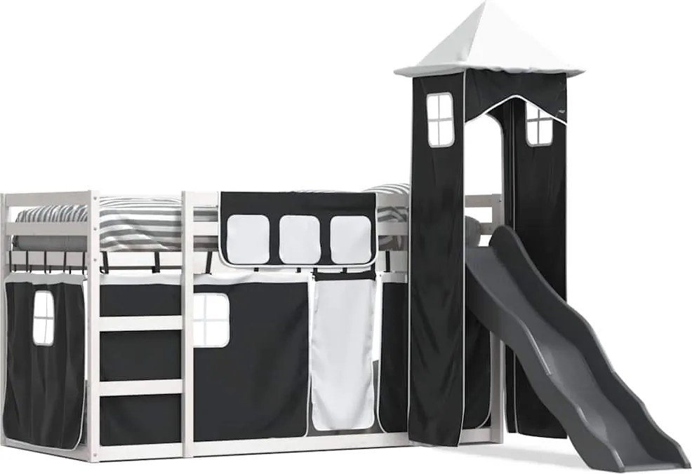 vidaXL fehér-fekete emeletes ágy csúszdával és függönnyel 80 x 200 cm