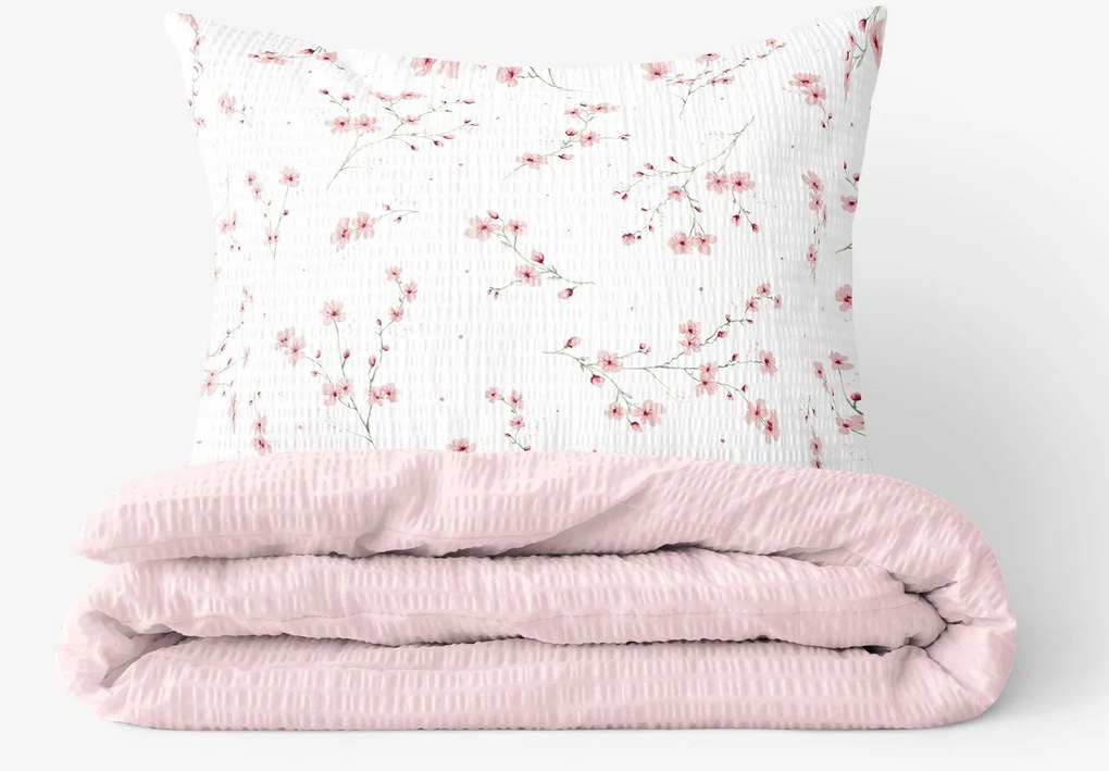 Goldea krepp ágyneműhuzat duo - cseresznyevirágok, púderrózsaszín hátoldal 140 x 200 és 70 x 90 cm