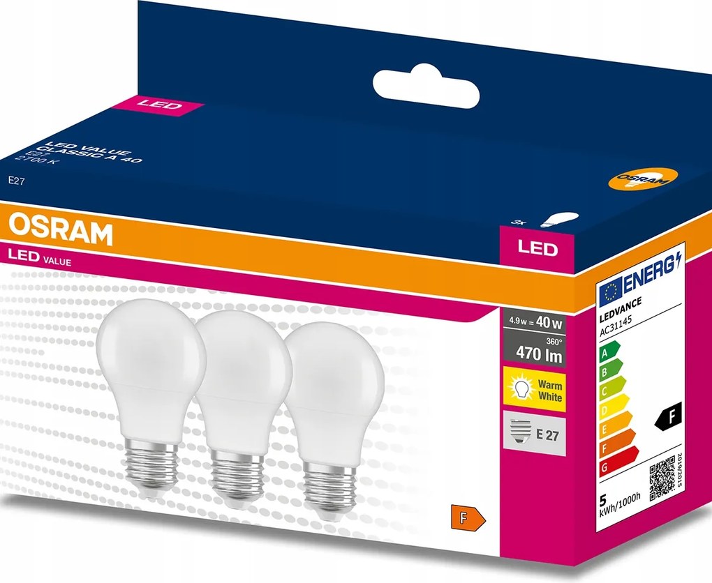 3x Led izzó E27 A60 4,9W 40W 470lm 2700K Meleg 200° Osram Value