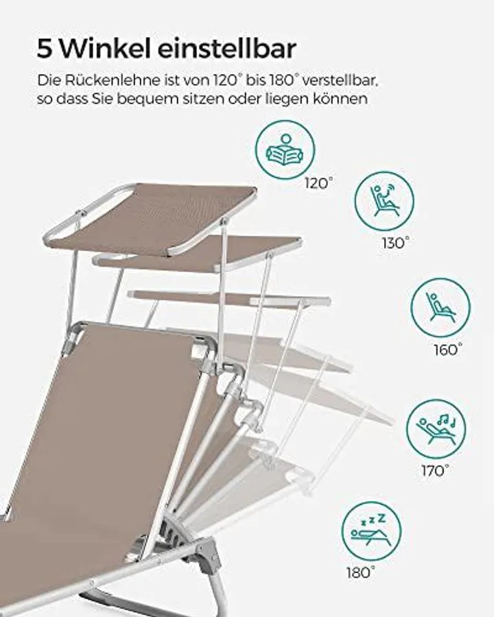 Napozóágy, napernyővel, állítható háttámlával, összecsukható, 55 x 193 x 31 cm, terhelhetőség 150 kg, bézs