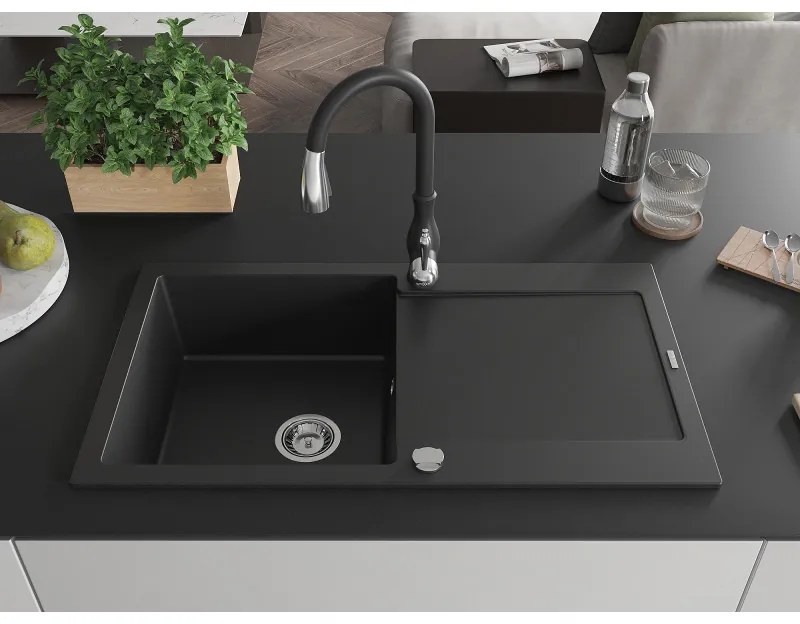 Mexen Leo, 1 kamrás gránit mosogató 900x500x190 mm és Savita mosogató csaptelep, fekete, 6501-77-672601-70