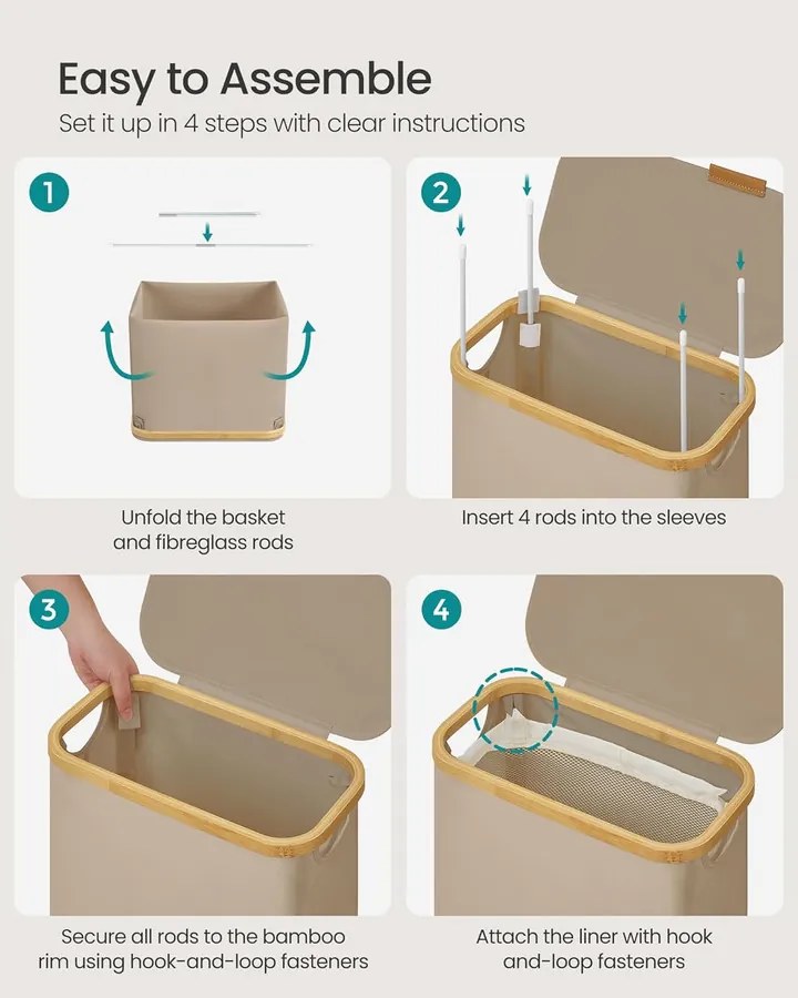 Szennyeskosár fedővel, keskeny szennyes tároló, 65 L, 42 x 22,5 x 70,5 cm, Tevebarna