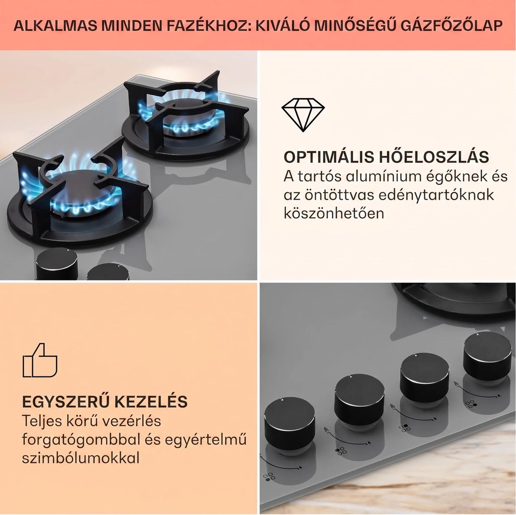 Klarstein Firetale, gázfőzőlap, 4 égő, alumínium égők, tömlővel és redukáló szeleppel