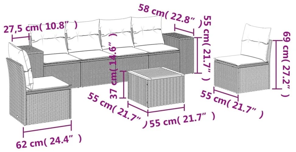 7 részes fekete polyrattan kerti ülőgarnitúra párnával