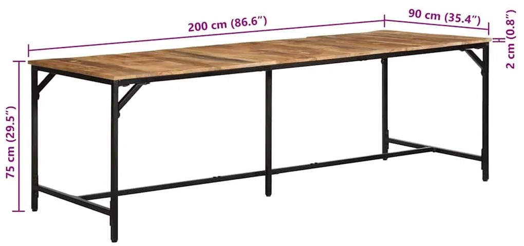tömör nyers mangófa étkezőasztal 220 x 90 x 75 cm