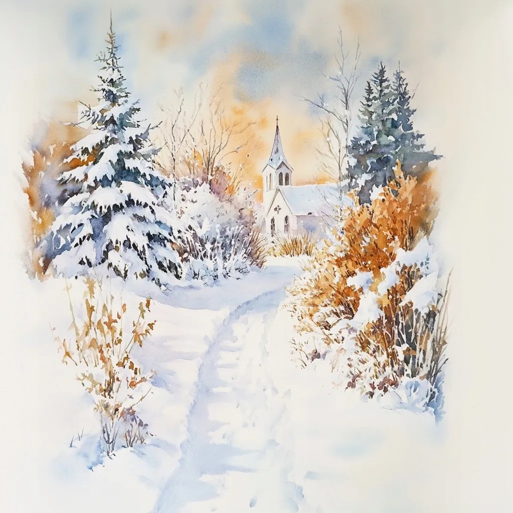 Vászonkép Canvas Tájkép Domb Templom Tél Hó Ösvény 80x80