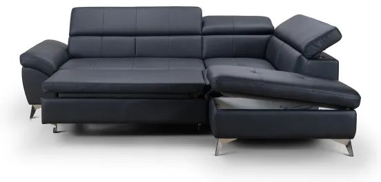 Fekete, jobb oldali, bőrkárpitos, L-alakú SALERNO II sarokkanapé, ággyá nyitható