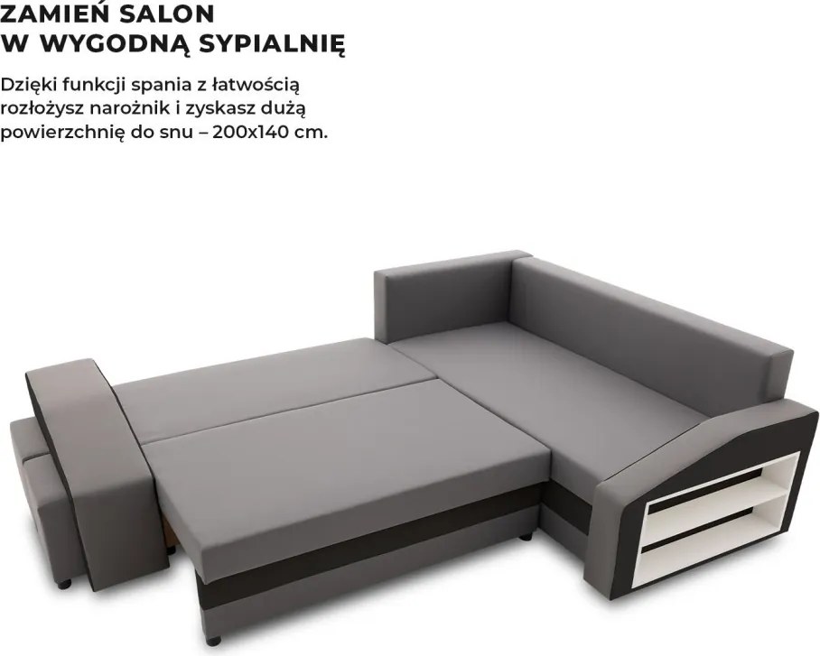 Grande sarokkanapé polcokkal és puffokkal , polc a jobb karfaban puffok a bal karfaban, jobboldali, szövet anyag, bonell töltet, szürke - fekete