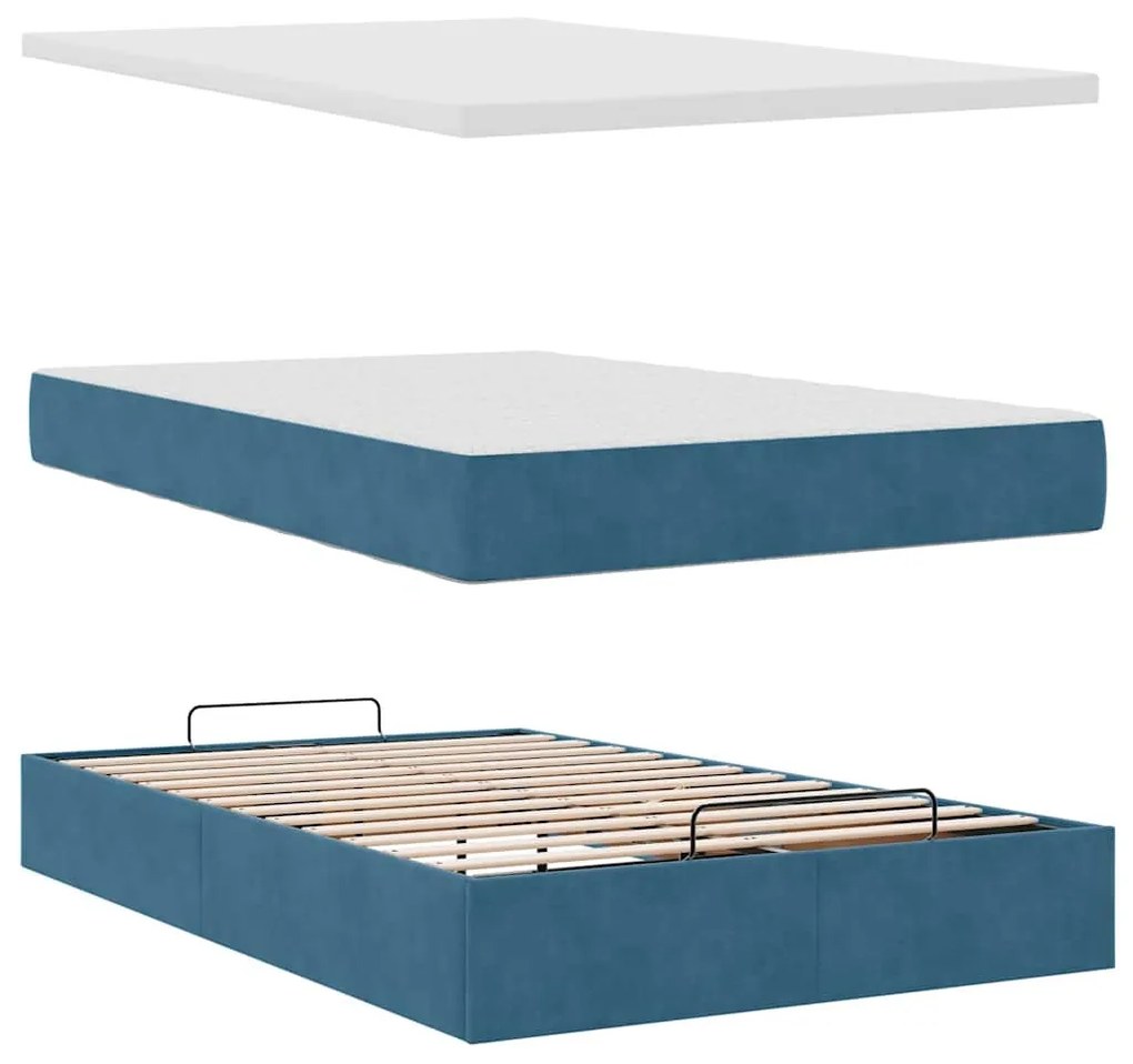 Ottomán ágykeret matraccal sötétkék 120x200cm bársony