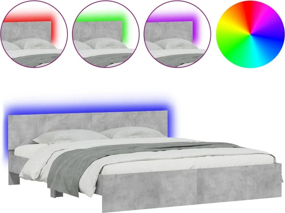vidaXL betonszürke ágykeret fejtámlával és LED-del 180 x 200 cm