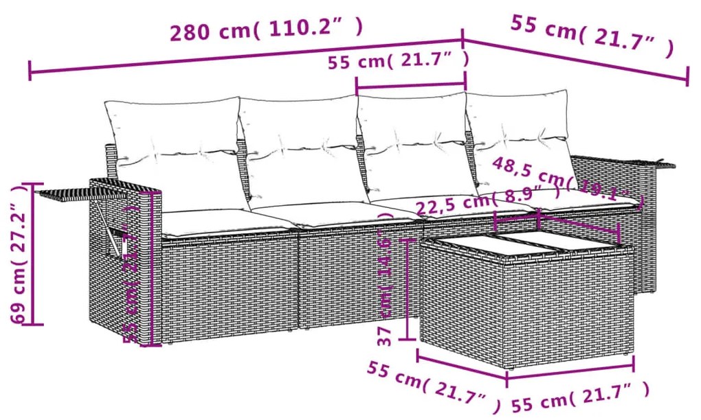 5 részes szürke polyrattan kerti ülőgarnitúra párnákkal