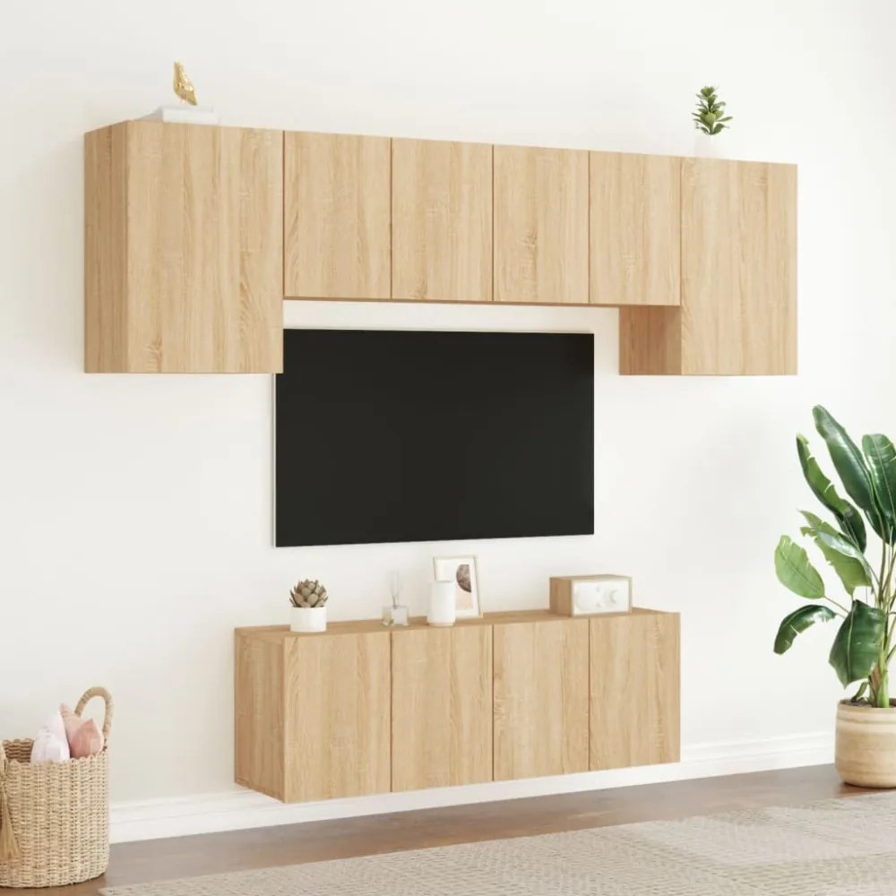 6 darab füstös tölgy színű szerelt fa falra szerelhető TV-bútor