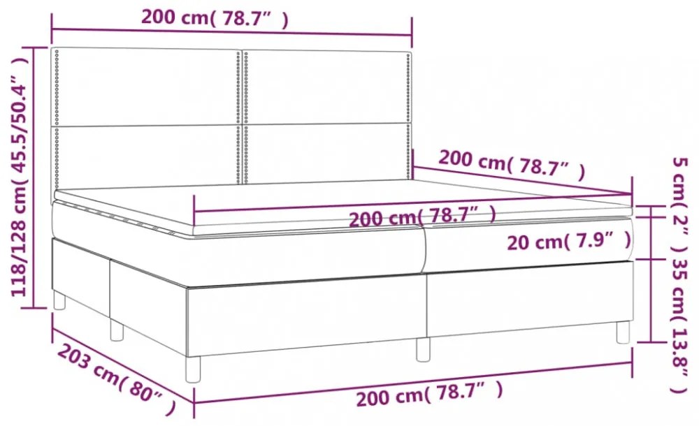 szürke műbőr rugós ágy matraccal és LED-del 200x200 cm