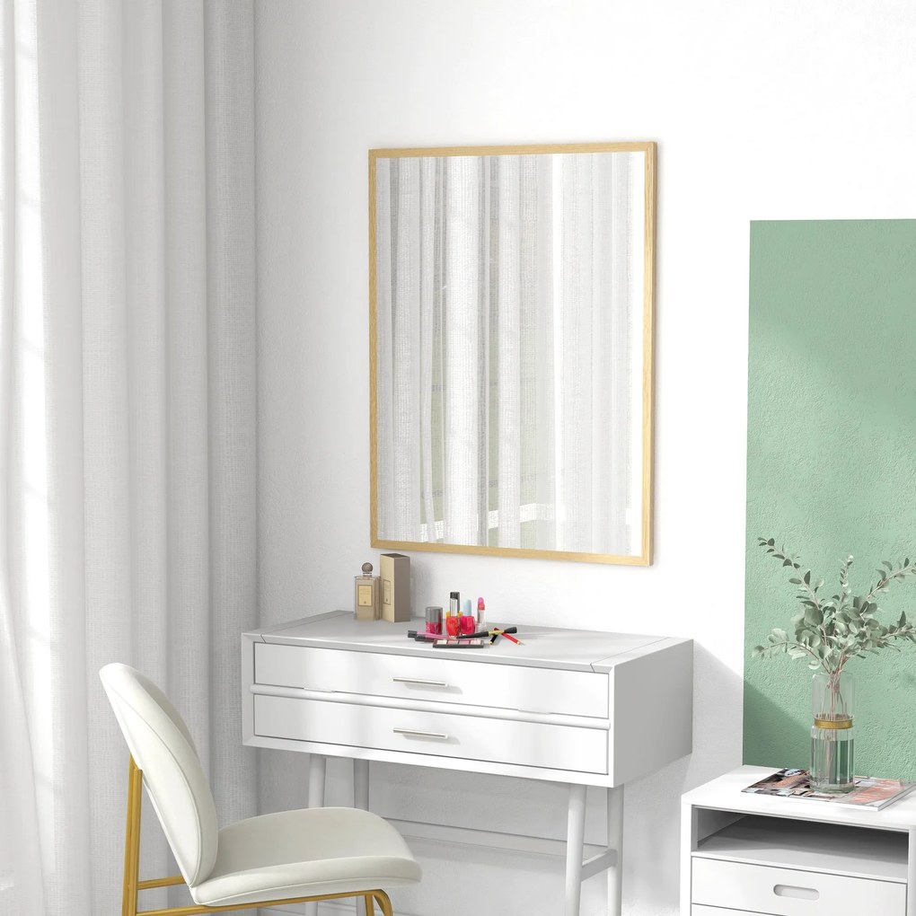 HOMCOM Téglalap alakú Fali Tükör 90 x 70 cm, fa keret, ideális fürdőszobába, nappaliba vagy hálószobába, natúr | Aosom