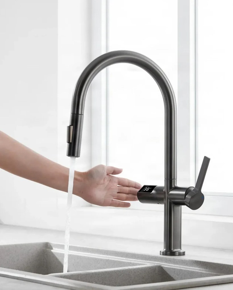 Konyhai csaptelep ELITE EDITION KSS1700 kihúzható zuhanyfejjel, LED-kijelzővel és érintésmentes érzékelővel, több színváltozatban — Króm — Igen