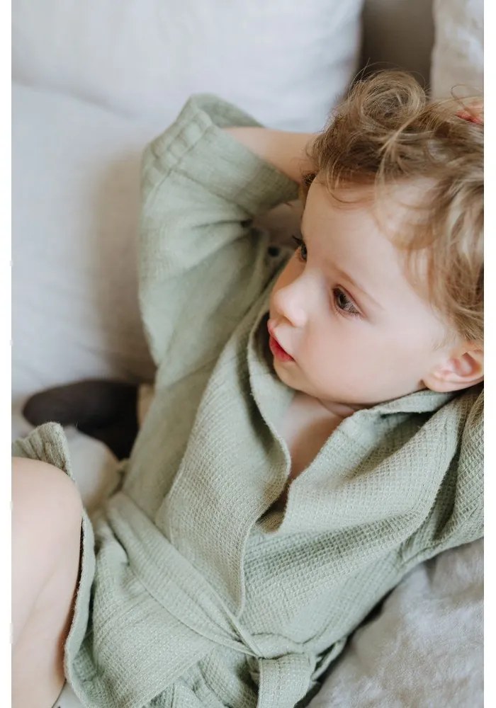 Nature zöld len gyerek fürdőköpeny, méret: 122 - 128 - Linen Tales