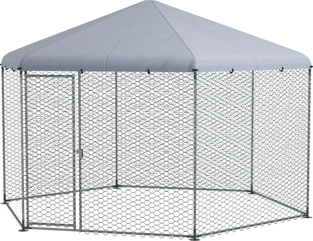 PawHut Szabadon Nevelhető Tyúkól 400 x 346 x 263 cm Acélból, Tyúk Ketrec Fedéllel, Ajtóval, 10-15 Tyúk, Kisebb Állatok és Növények Számára, Ezüst | Ao