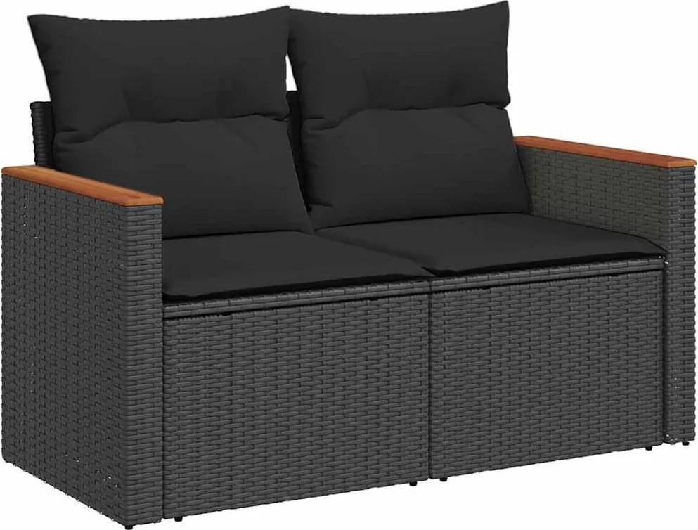vidaXL kétszemélyes fekete polyrattan kerti kanapé párnákkal