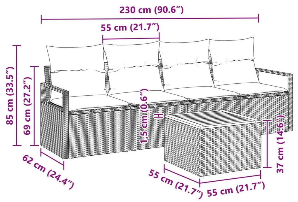 5 részes Kerti Kanapé Készlet párnákkal, Szürke Poli Rattan Akáciával, 2 személyes kerti kanapé párnákkal, Szürke Poli Rattan