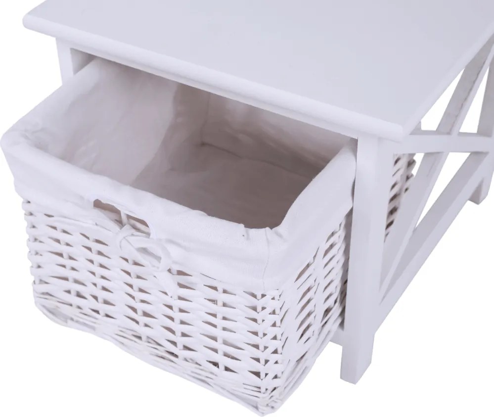 Éjjeliszekrény, fa/vesszőfonás/szövet, fehér, RAFAELLO