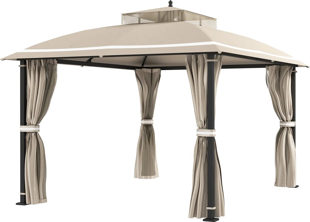 Outsunny Kerti Pavilon 3,7x3 m Pergola Pavilon Dupla Szellőző Tetővel Oldalfalakkal Szúnyoghálókkal Vízálló Anti-UV Napernyő a Kültéri Teraszra | Aoso