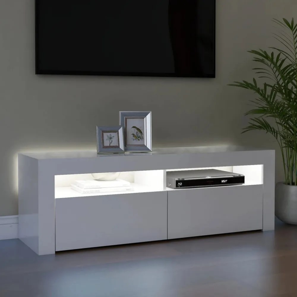 magasfényű fehér TV-szekrény LED lámpákkal 120 x 35 x 40 cm