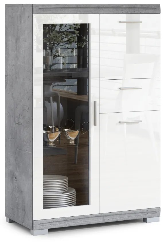 Mazzoni SIMPLE KWD3SZ1 komód Millenium Beton/Fehér Fényes - VITRINES SZEKRÉNY KÖNYVESPOLC KOMÓD NAPPALIBA ÜVEG FÉNYES