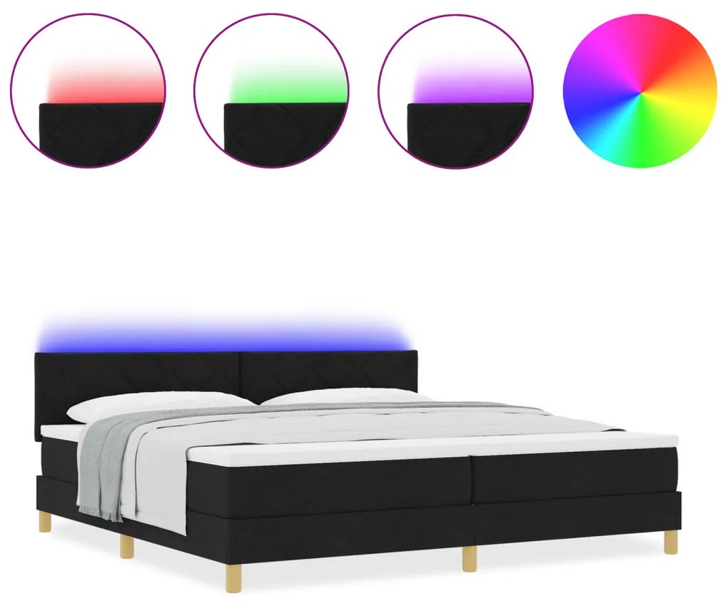 Boxspring ágy matraccal és LED világítással, fekete, 200x200 cm, szövet